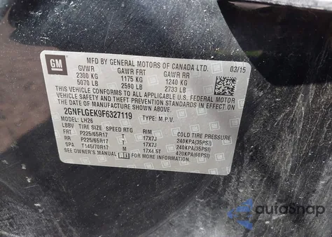 2015 Chevrolet Equinox 2Lt z USA, uszkodzony, nr VIN 2GNFLGEK9F6327119